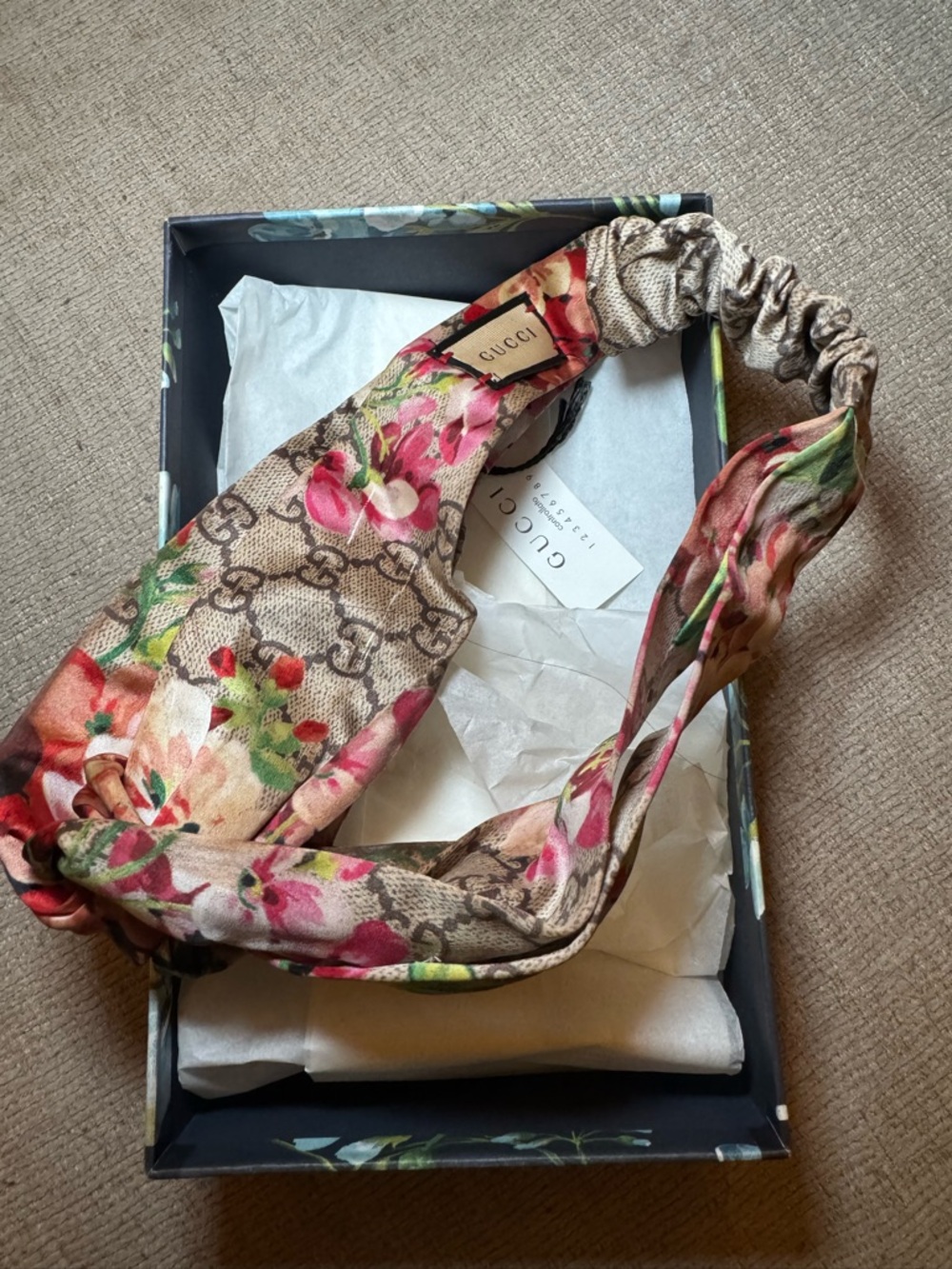 Gucci Beige Floral Monogram Twist Headband with Pink & Green Accents